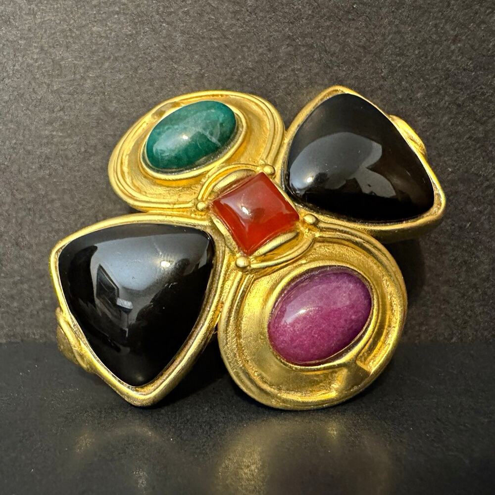 Vintage LAZULI Israel Maltese Cross Brooch Pin HeavyGold Plated Multi Cabochon